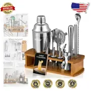 Professional Bartender Kit - 15 Essential Tools with Stylish Wooden Display