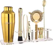 Btuqbu Cocktail Shaker Set with Arcylic Stand, Mixology Bartender Kit for Drink Mixing | Mixology Set with 7 Bar Set Tools Cocktail Kit (Gold)