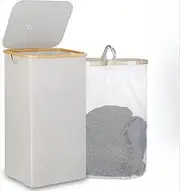 Laundry Baskets with Lid, Beige 100 Liters Large Washing Basket for Laundry with Handles Laundry Hamper for Bedroom Bamboo Bathroom Bin
