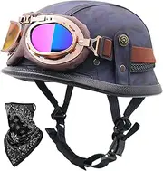 Leather Motorbike Half Helmet Retro Open Helmet with Goggles Skull Cap Helmet for Adult Men Women Motorcycle Cruiser Scooter Helmet DOT/ECE Approved