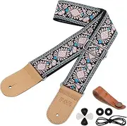 Ohlove Guitar Strap Accessories Kit - Embroidered Strap with Headstock Strap Adapter, 2Pcs Rubber Washers, 4Pcs Picks