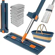 Fxvhojq Mop and Foldable Bucket Set 360° Rotating Microfiber Mop with Dewatering Scraper and 7 Mop Pads Flat Mop and Bucket Household Cleaning Tools for Hardwood Laminate Tile
