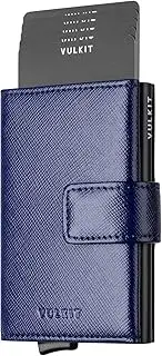[VULKIT] RFID Card Holder Wallet for Men, Slim Compact Men's Wallet, Leather RFID Blocking Credit Card Wallet, Trifold Thin Metal Security Pop Up Wallet, Gift Box Packing, Cross Navy