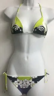 Valentino Bikini Lime Black Floral Triangle Top And Bottom Nwt Size XS