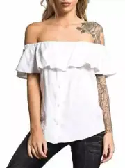 Affliction Sydney Rose Rhinestone Women’s s Off Shoulder Button Up Ruffle Top Wh