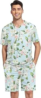 [GAIREG] Men's Short Sleeve Pajama Sets Soft Casual Pajamas with Pockets S-XXL, Floral Leaves Light Blue, Medium