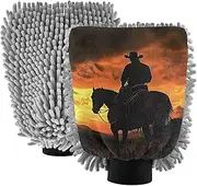 XYMZR Sunset Westen Cowboy Absorbent Microfiber Car Wash Mitt, Funny Cute Anime Scratch Free for Cars Cleaning, Home Cleaning Mitts, 2 Pack, 10.24” L x 7.09” W