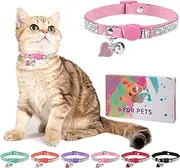 DILLYBUD Rhinestone Cat Collar Breakaway with Bell, Diamond Cat Collar with Safety Buckle Quick Release for Girl Boy Small Kitten Pets Puppy,Cute Soft Female Male Cat Collars, Color Pink 8-12"