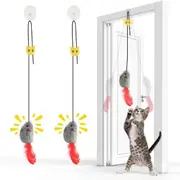 Set of 2 Mouse Door Hanging Toys for Cats with Sounds, No Battery Required, Stuffed Mouse Cat Toy with Feather Tail