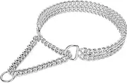 Silver Dog Chain Collar Stainless Steel Silver Dog Collar Adjustable Walking, Metal Cuban Link Dog Collar Chew Proof Double Row Chain Dog Collar for Large Small Medium Dogs