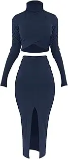 [Generic] Prom Dresses Women Formal Leisure Long Sleeve Half High Neck Solid Knitted Short Sweater High Waist Front Split Long Dress Set Womens Skirted Swim