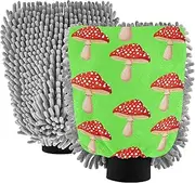 Wash Mitt Car Washing Microfiber Absorbent Chenille Red Mushrooms Light Green Cleaning Pad Car Washing Sponge Scratch Free, Medium x 2 Pack