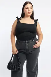 Black Tank Top Tie Shoulder Side Ruched