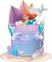 25 Pcs Mermaid Under the Sea Cake Toppers Kit with Resin 3D Mermaid, Seaweed Palm Leaves Cupcake Topper Picks Bubble Starfish Shell Mermaid Tail Decoration for Kids Baby Shower Mermaid Party Supplies