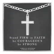 Mens Solid Sterling Silver Cross Necklace with 5mm Italian Figaro Chain Gift
