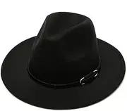 [ericotry] 1PCS Unisex Wide Brim Felt Fedora Hat with Belt Buckle Floppy Panama Hat for Party Wedding Performance (Black), Black