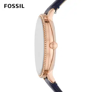 FOSSIL Jacqueline Multifunction 高雅玫瑰金環鑽女錶 藍色真皮錶帶 38MM ES5096