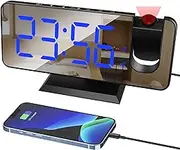 Lancoon Projection Alarm Clock Digital Bedside Clock with 180° Projector 7.4'' Large Mirror Screen Display USB Charging Port 4 Level Brightness Dimmer Snooze Dual Alarm Setting Black-Blue