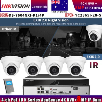 Hikvision Compatible 4K IR IP Camera+DS-7604NXI-K1/4P Acusense NVR Systems Lot