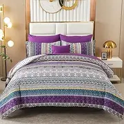 Cottolester Boho Comforter Set King Size 8 Piece Bed in a Bag Bohemian Striped Bedding Quilt Purple Paisley Floral and Sheet Set,Soft Microfiber Complete Sets for All Season