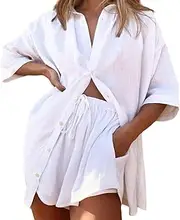 [OATIPHO] Shirt Shorts Suit Ladies Casual Suit Casual Shirts Blouses Summer Pull on Shorts Full Sleeve Tops for Women Sweatsuits for Women White Spandex