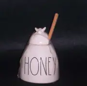 Rae Dunn HONEY Jar with Wooden Dipper, Bee on Lid New