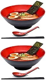2 Sets (6 Piece) 1500 milliliters Large Japanese Ramen Noodle Soup Bowl Dishware Ramen Bowl Set with Matching Spoon and Chopsticks for Udon Soba Pho Asian Noodles (2, Red, 8.6")