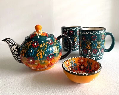 NEW Turkish Handmade Ceramics Teapot & Coffee Tea Mugs Set w Bowl - Green/Orange