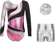 [TiaoBug] Kids Girls Gymnastics Activewear Set Long Sleeve Leotard with Shorts and Hairband