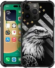 Compatible with iPhone 14 Pro Max Case, Black and White Eagle Flag iPhone 14 Pro Max Cases, Tempered Glass Back+Soft Silicone TPU Shock Protective Case for Apple iPhone 14 Pro Max