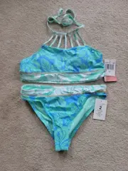 NWT Hobie Girls 2pc Halter Bikini Top Hipster Bottoms Floral 14 Swimsuit Bikini