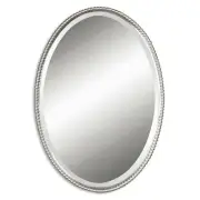 Modern Oval Beveled Mirror in Bushed Nickel Finish with Hand Forged Metal Beaded