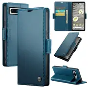 For Google Pixel 7A Caseme Case RFID Blocking Retro Flip Premium Leather Card Holder Wallet Cover - Cyan Blue