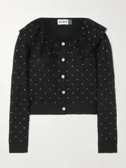 [RIXO] RIXO - Jelena Crystal-embellished Ruffled Pointelle-knit Cardigan - Black - UK 20 UK 20 Black