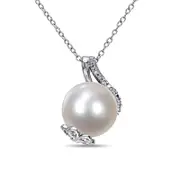 12.0-12.5mm Cultured Freshwater Pearl and 0.1 CT. T.W. Natural Diamond Flower Wrap Pendant in Sterling Silver