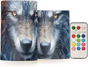XYMZR Wolf Blue Fire Eye Flameless Candles with Remote Set of 2 - No Batteries Included, 3” Diameter Battery Candles Flickering with Timer, LED Pillar Votive Candles for Outdoor Indoor