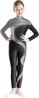 [Loodgao] Kids Girls One Piece Sequins Metallic Leotards Dance Gymnastics Jumpsuit Long Sleeve Color Block Unitard Bodysuit