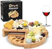 Perlli Bamboo Cheese Board & Knife Set, Large Folding 18 Inch Round Wood Rotating Charcuterie Board Set Cheese Meat Wine Serving Tray Platter, Home Decor