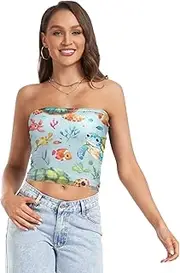[RPLIFE] Cute Cartoon Sea Turtles Blue Women's Tube Top Strapless Tank Top, Sheer Tube Tops, Trendy Crop Tops (S)