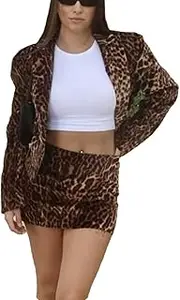 [RISCUYY] Blazer Sets Women 2 Piece Outfits Cheetah Print Set Blazer and Skirt Set for Women Trendy