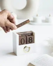 White Marble Desk Clock, Office Table Clock & Calendar Wooden Analog clock Decor