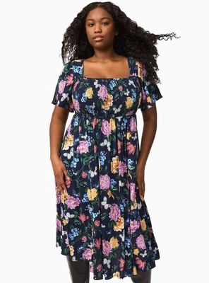 NWT TORRID 6X 30 A-Line Midi Dress Pockets Square neck Flutter sleeves Smocked