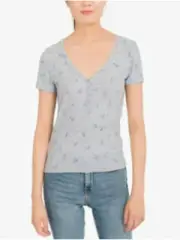 PINK ROSE Womens Gray Fitted Button Front Short Sleeve V Neck Top S