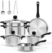 Pots and Pans Set, 12-Piece Stainless Steel Cookware Set, Kitchen Cooking Sets with Stay-Cool Handles, Steamer, Utensil Set, Induction Compatible Dishwasher Safe