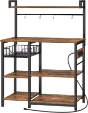 Bakers Rack with Power Outlet, 35.4" Coffee Bar with Mesh Basket, Microwave...