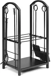Giantex Firewood Rack With 4 Fireplace Tools, Wrought Iron Log Storage Set Including Brush, Shovel, Poker, Tongs for Indoor Outdoor Backyard Garden (Black)