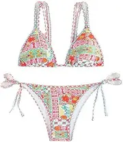 [Generic] Women's Two Piece Bathing Suit Floral Triangle Swimsuit High Cut Tie Side Bikini Sets