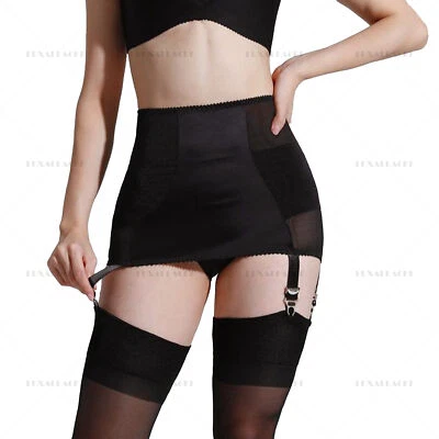 Luxallacki Sheer Mesh & Satin Garter Belt 6 Straps Suspender Hollow Rear Girdle