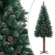 6.9ft Slim Wood Green Christmas Tree with Cones White Snow Party Decoration Home