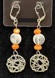 Concentric Circle White Glass Bead with Woven Wire Circle Earrings by Neanie-Bot